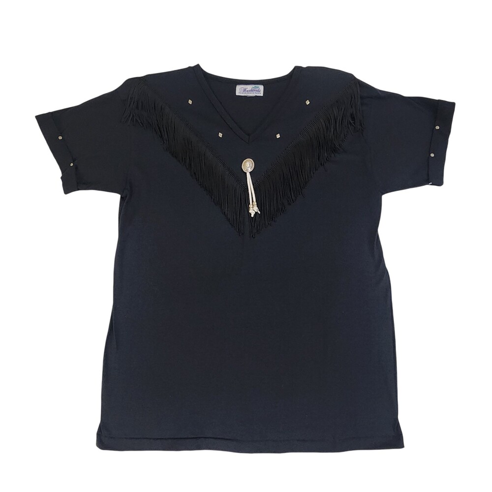 Vintage Hazelwoods Black Fringe T-shirt Top Western Cowgirl Rockabilly Med #1463